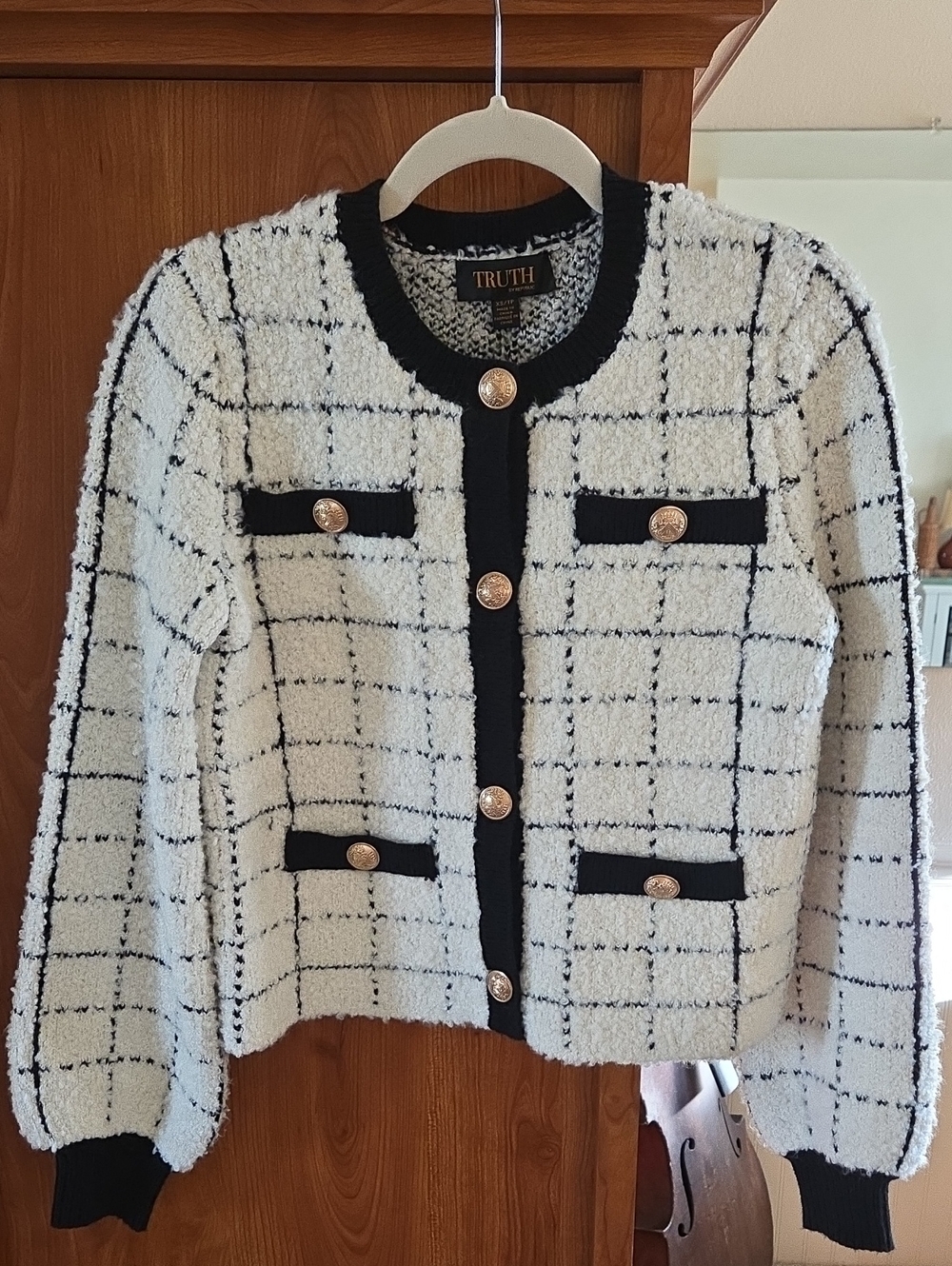TRUTH By Republic Black & White Windowpane Bouclé Cardigan